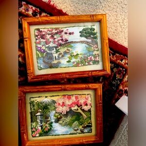 Teak and needlepoint art. Mid century -vintage art